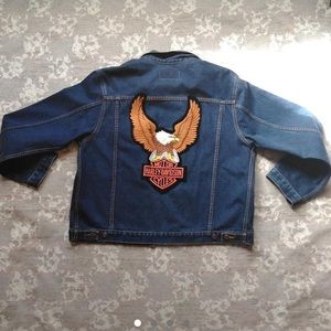 Levi’s denim jacket with huge Harley Davidson patch on the back. Size Large
